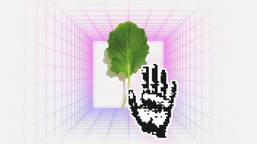 abstract futuristic collage of fresh lettuce in cube grid with pixelated hand
