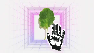 abstract futuristic collage of fresh lettuce in cube grid with pixelated hand