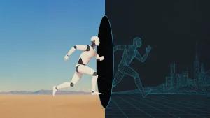 surrealist image of robot in a vast empty desert running through portal and being transformed into a virtual agent in a grid city