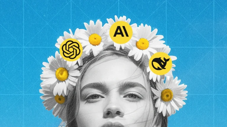 collage for environmental impact of AI LLMs: girl wearing a daisy flower crown with OpenAI, Anthropic, and Deep Seek logos