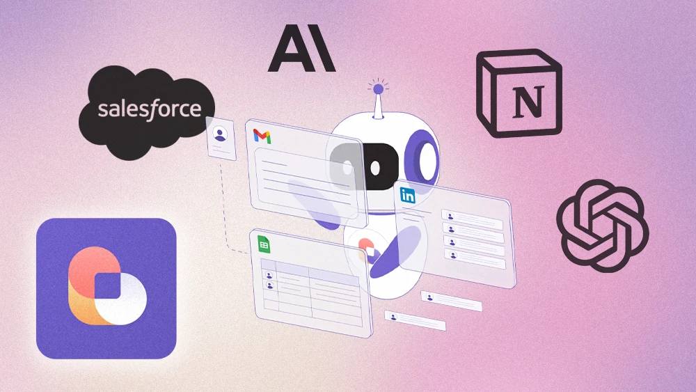 Bardeen.ai robot virtual assistant performing workflow automations with Salesforce, Anthropic, Notion, and ChatGPT