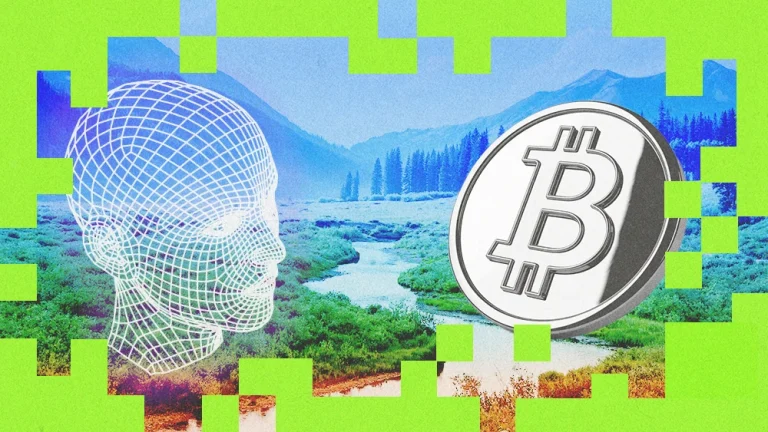 digital collage on environmental impact of Bitcoin and AI