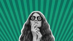 woman wearing ChatGPT sunglasses looks up reverently