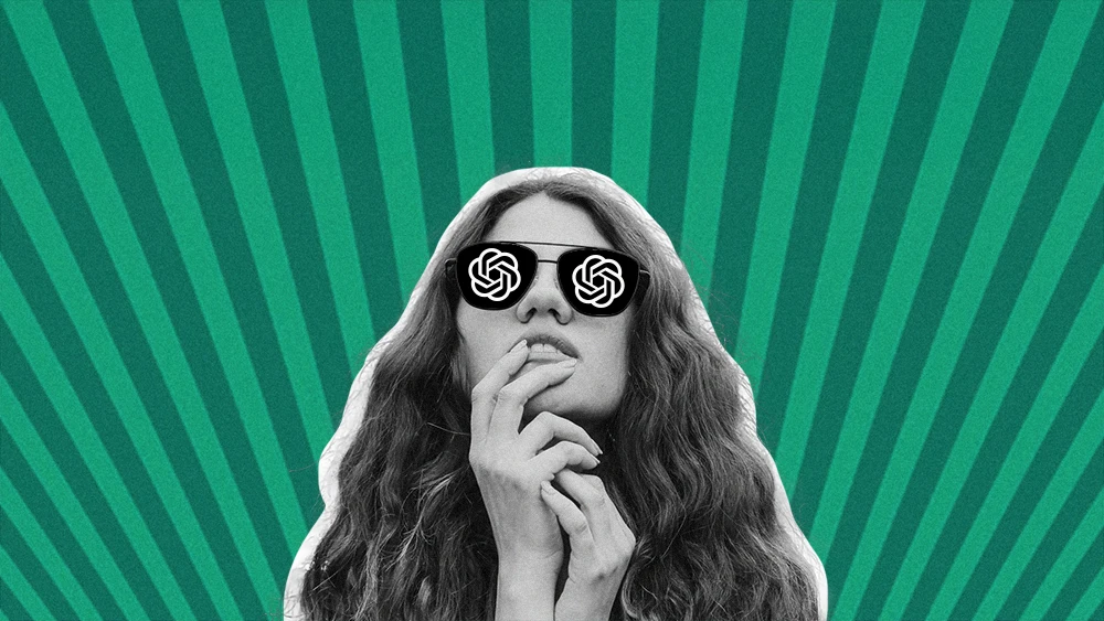 woman wearing ChatGPT sunglasses looks up reverently