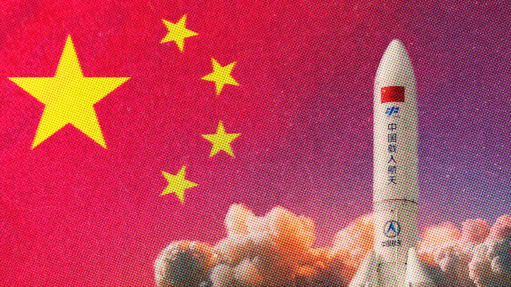 China flag with rocket taking off to space