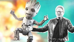 dancing robot baby Groot and Nvidia CEO Jensen Huang