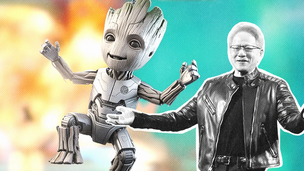 dancing robot baby Groot and Nvidia CEO Jensen Huang