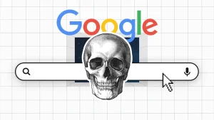 Google search is dead collage of skull in front of Google search box