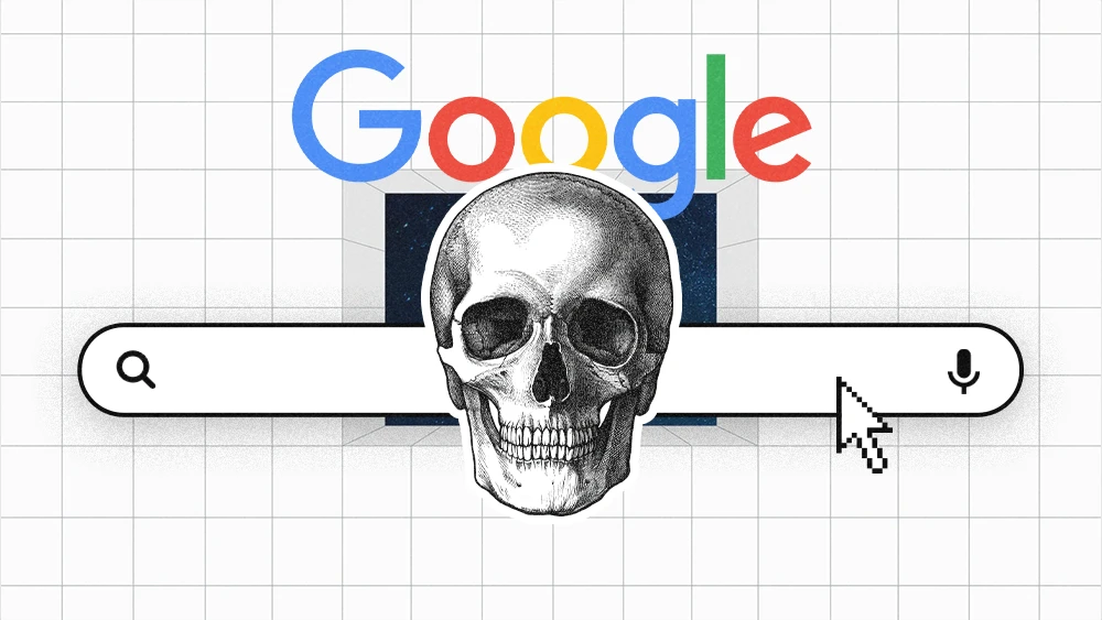 Google search is dead collage of skull in front of Google search box
