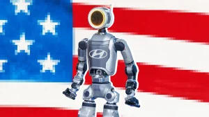 Boston Dynamics Hyundai robot in front of pixelated US flag
