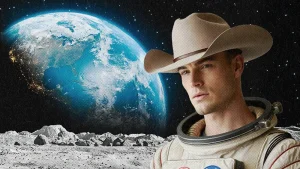 collage of earth as seen from the moon with a man wearing a space suit and cowboy hat