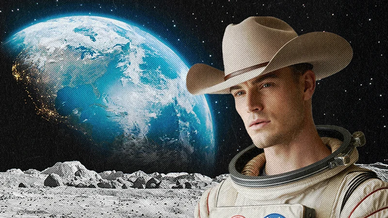 collage of earth as seen from the moon with a man wearing a space suit and cowboy hat