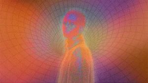 AI singularity represented as a colorful futuristic black hole with being