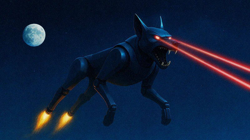 robot guard dog flying in space with laser eyes
