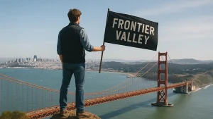 Silicon Valley founder holding Frontier Valley flag looking across the Golden Gate bridge in San Francisco bay to Alemeda