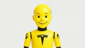 smiling kid crash test dummy with Tesla logo