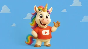 Smiling animated Pixar-style unicorn wearing YouTube shirt