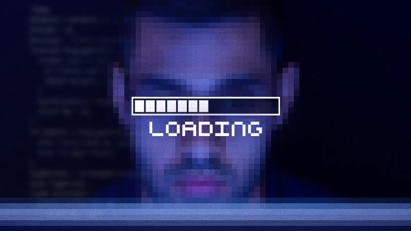 pixelated image of developer with loading bar across eyes