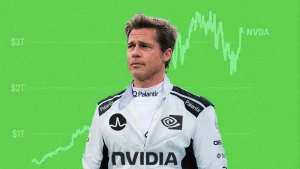 Brad PItt Formula1 racing jacket with NVIDIA, Palantir and Broadcom sponsor logos on a green stock background