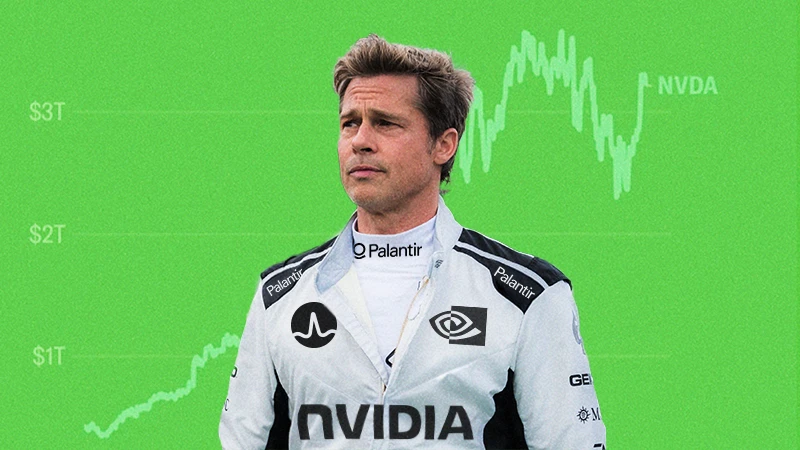 Brad PItt Formula1 racing jacket with NVIDIA, Palantir and Broadcom sponsor logos on a green stock background