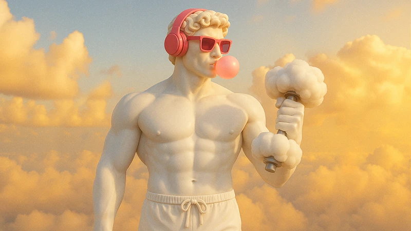 muscular greek god statue working out in the clouds
