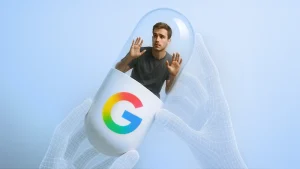 man in transparent pill with google logo on it being held by AI wireframe hands