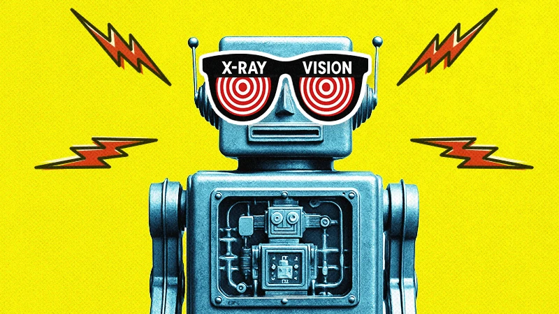 retro pop robot with xray glasses