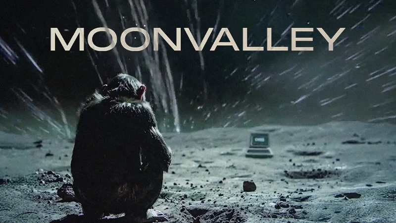 chimp on the moon with computer moonvalley