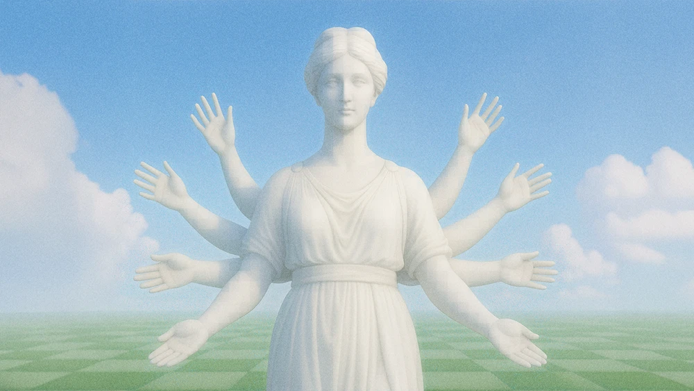 AI agent with multiple arms on surreal checkered grass and blue sky