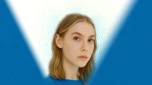 woman in blue with wifi signals around her