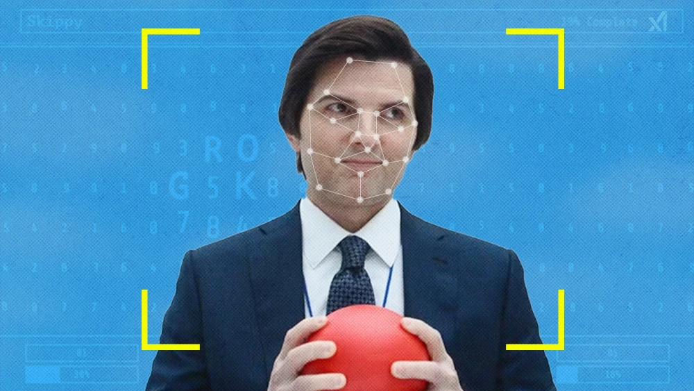 smiling mark from Severance holding ball with facial recognition software overlay and macrodata background