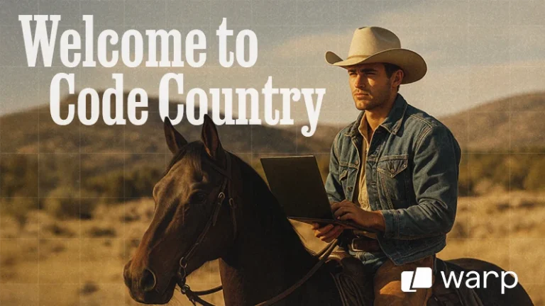 Welcome to Code Country with Warp dev cowboy on horse with laptop