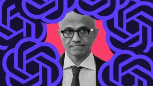 Microsoft CEO Satya Nadella surrounded by OpenAI logos
