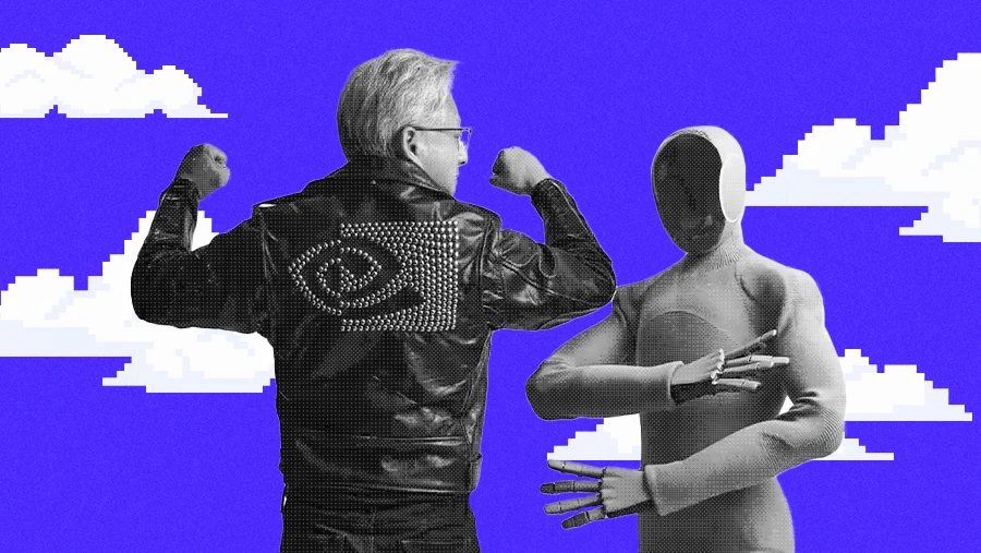 Nvidia CEO Jensen Huang flexes with 1x NEO robot in pixel clouds