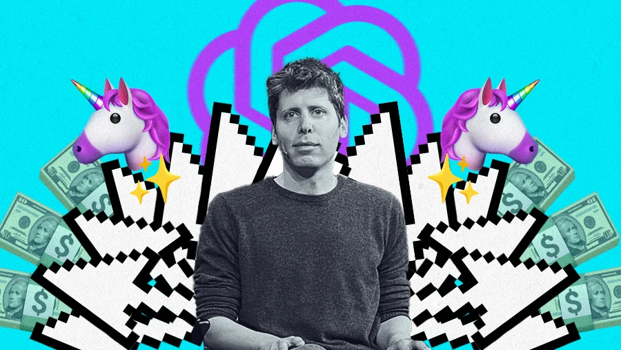 Sam Altman sits on pixelated cursor throne under OpenAI logo with unicorns GOT
