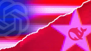 digital US and China flag with OpenAI and DeepSeek AI logos