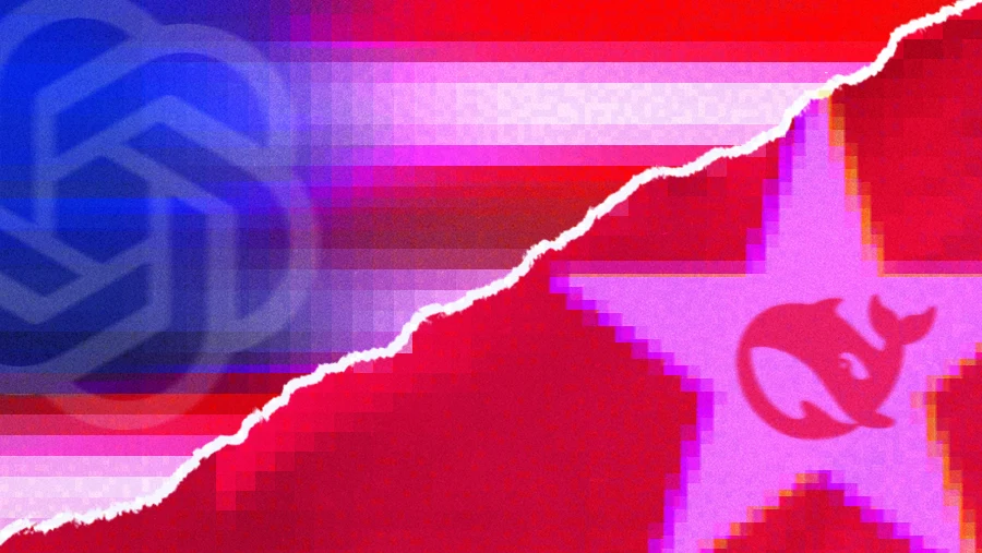 digital US and China flag with OpenAI and DeepSeek AI logos