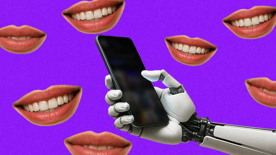 AI robot hand holding phone with smiling lips floating around it