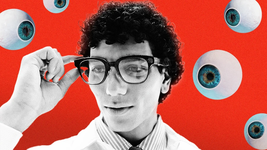 man wearing Alipay smart glasses surrounded by eyeballs