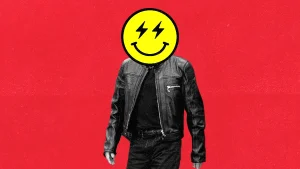Nvidia CEO Jensen Huang smiley face sticker with energy bolt eyes