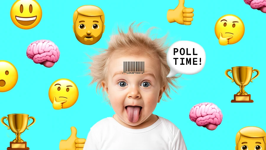 designer baby Einstein surrounded by emojis for brains, hair, sports trophy