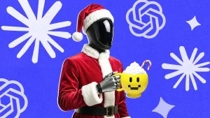 humanoid robot wearing santa suit and holding yellow smiley mug