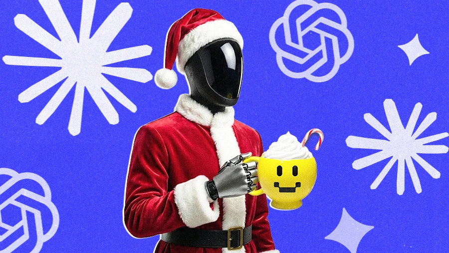 humanoid robot wearing santa suit and holding yellow smiley mug