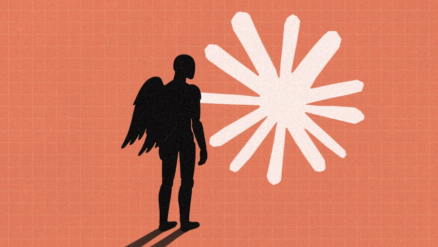 AI robot with wings stands in front of Anthropic Claude logo