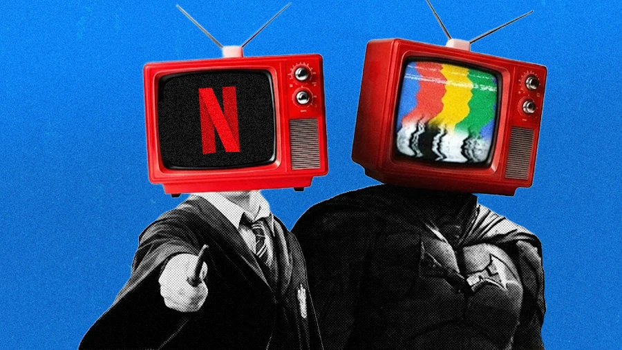 surreal collage of Harry Potter and Batman with retro red televisions for heads and netflix logo