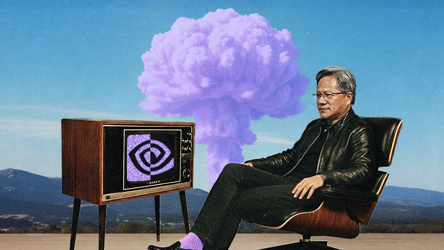 surreal collage Nvidia CEO Jensen Huange watching TV with purple mushroom cloud in background