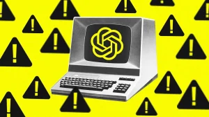 retro 80s computer with OpenAI logo surrounded by pixelated warning signs