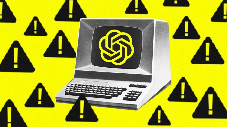 retro 80s computer with OpenAI logo surrounded by pixelated warning signs