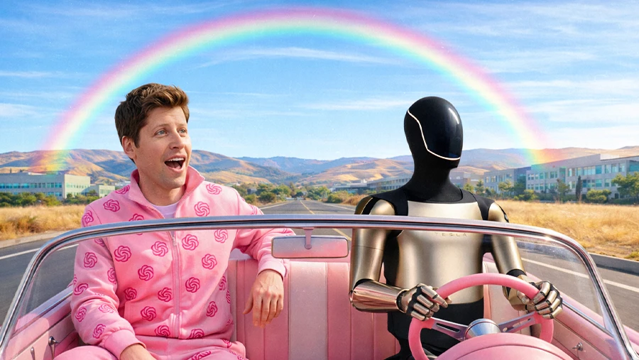 Sam Altman in a pink OpenAI tracksuit being driven by Tesla robot like Barbie movie