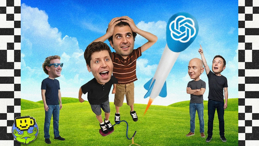 Mark Zuckerberg (Meta), Dario Amodei (Anthropic), Jeff Bezos (Amazon) and Elon Musk (SpaceX) watch Sam Altman launch a stomp rocket with the ChatGPT logo